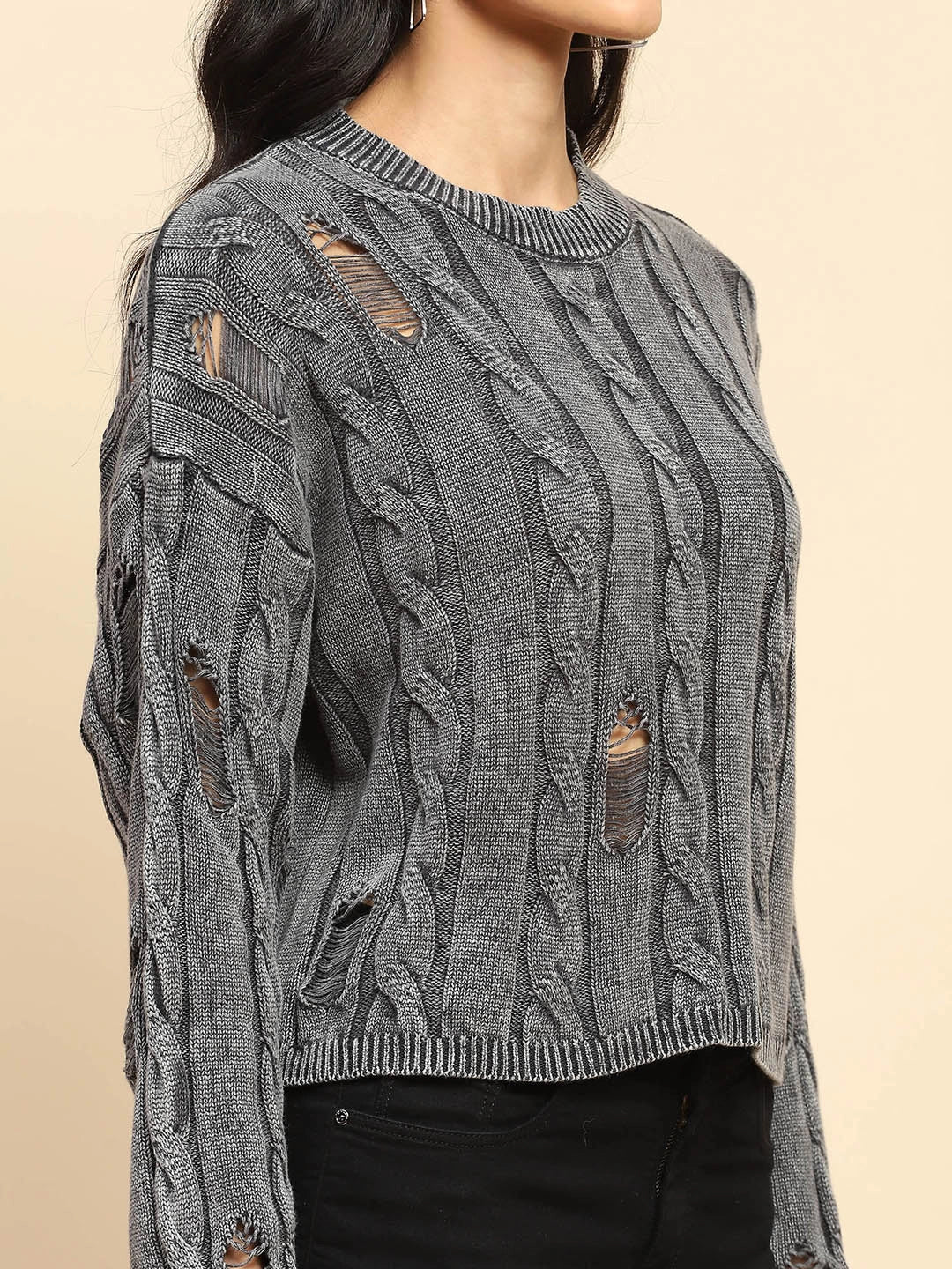 Grey Cotton Boxy Fit Pullover - Global Republic