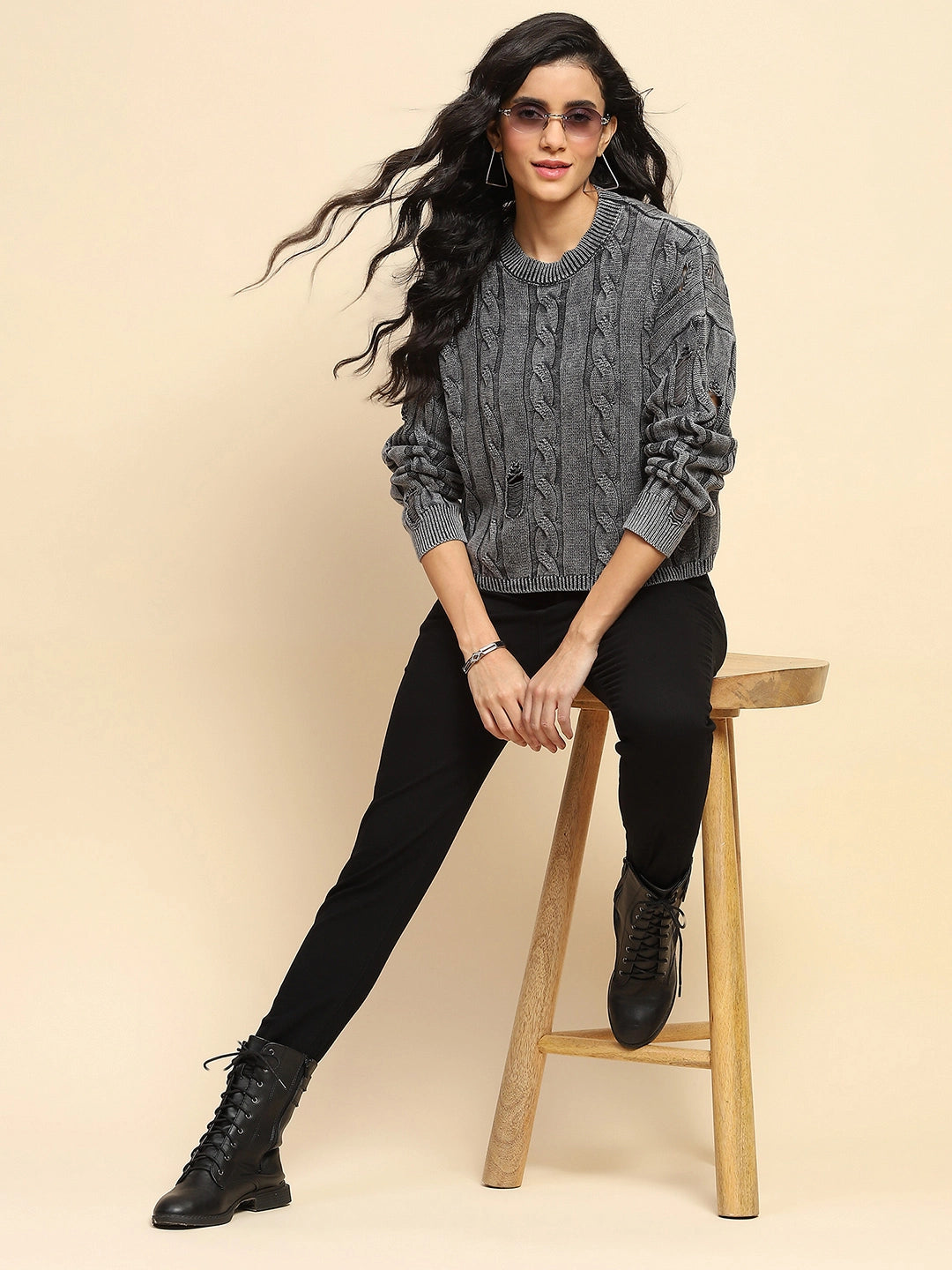 Grey Cotton Boxy Fit Pullover - Global Republic