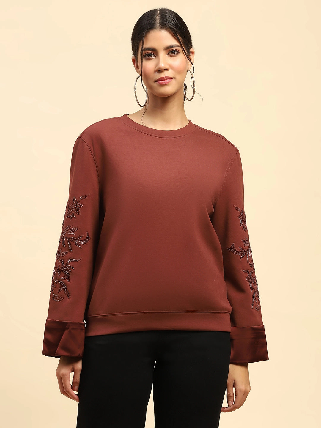 Brick Red Embellished Sweatshirt - Global Republic