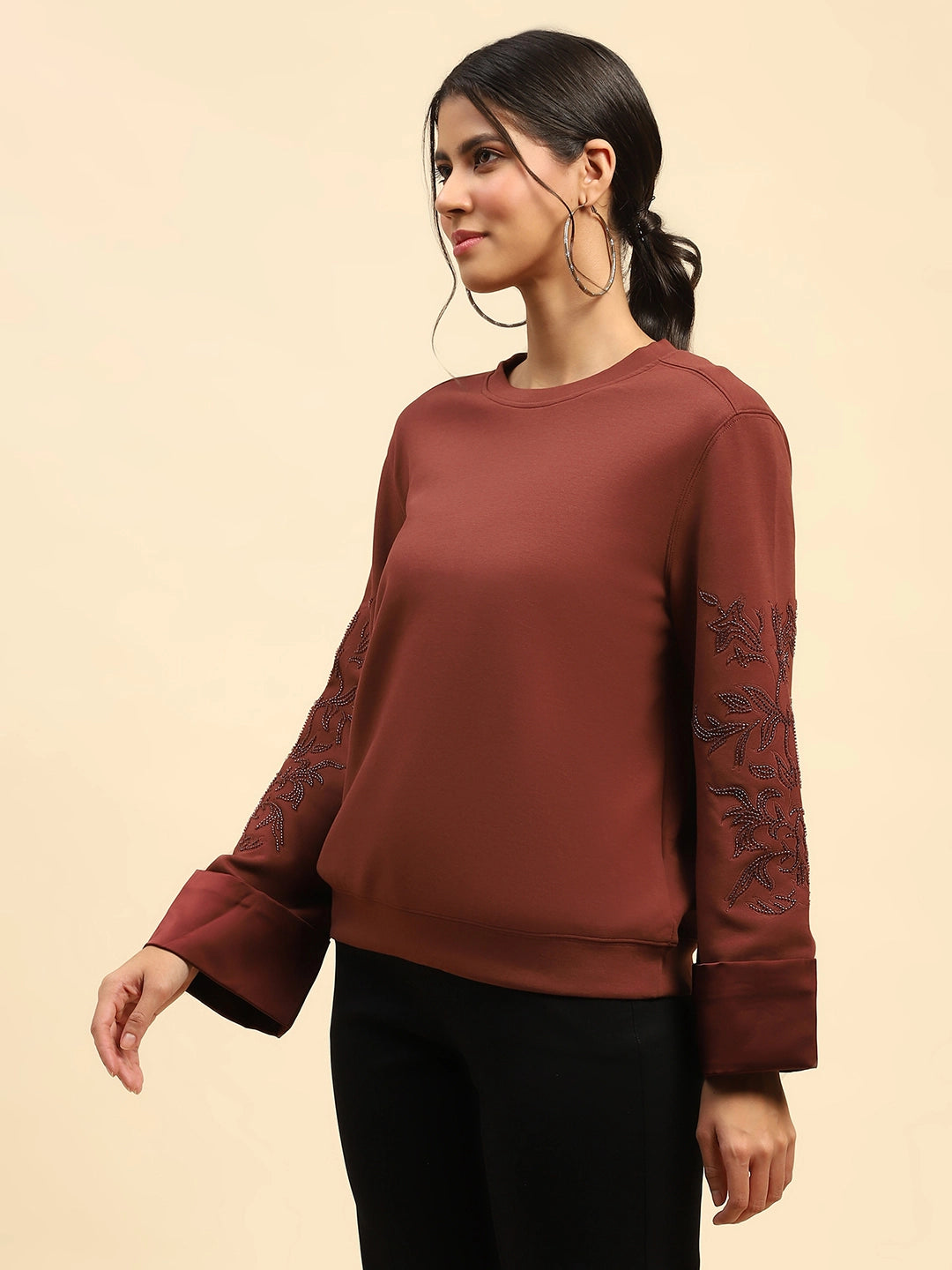 Brick Red Embellished Sweatshirt - Global Republic