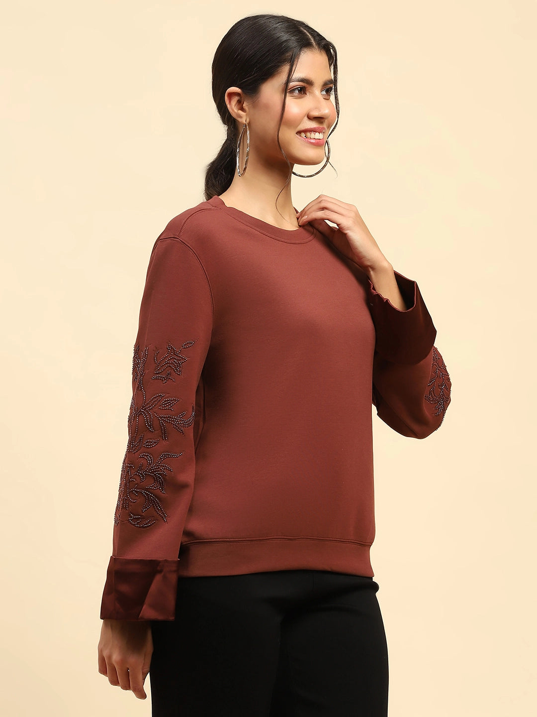 Brick Red Embellished Sweatshirt - Global Republic