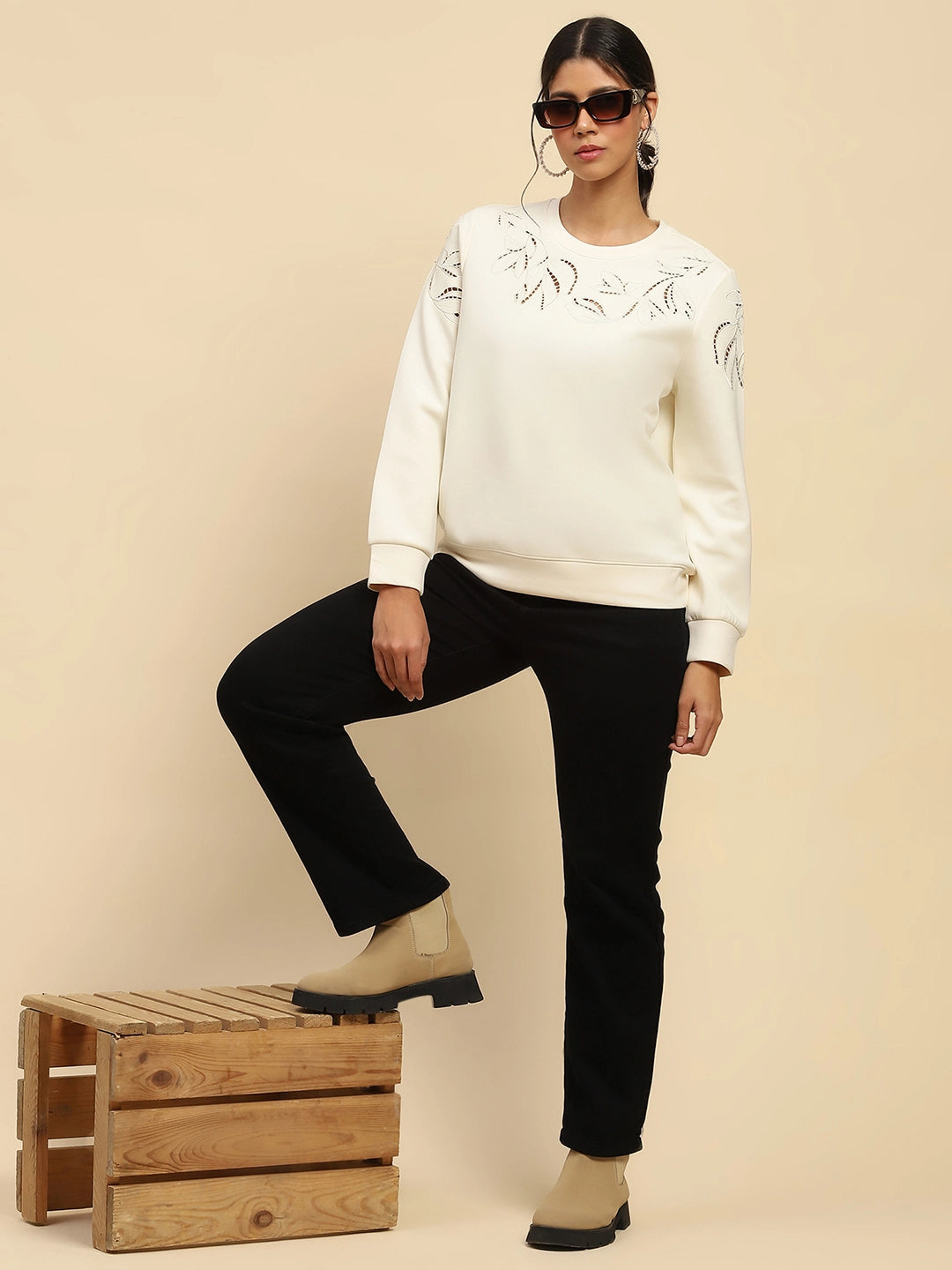 White Cut Work Sweatshirt - Global Republic