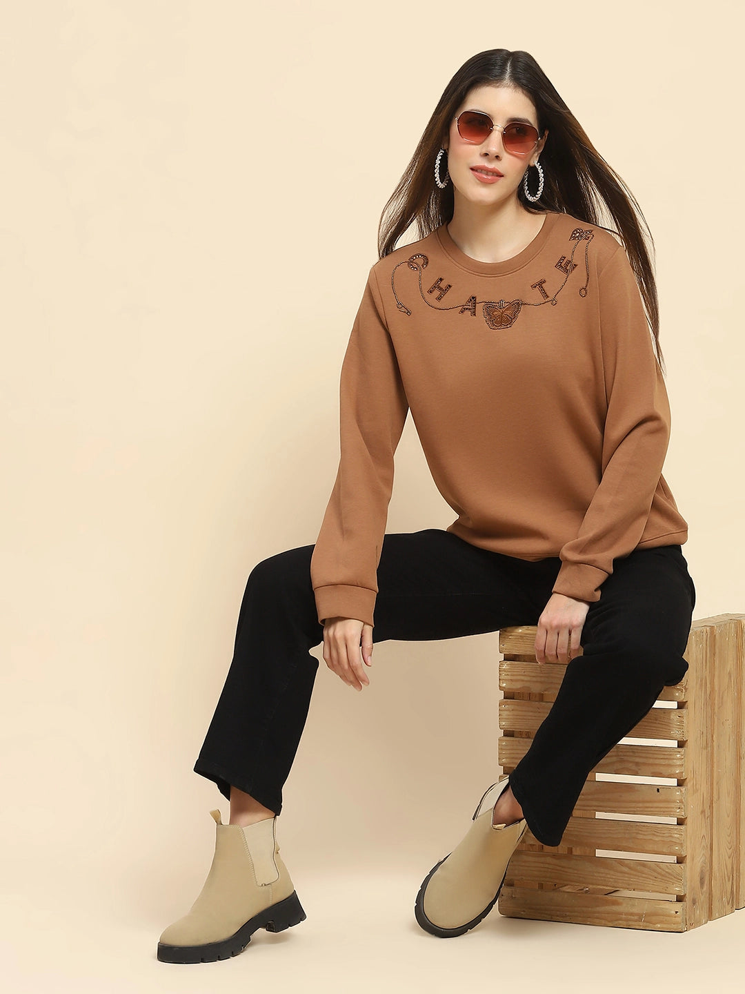 Brown Embellished Sweatshirt - Global Republic