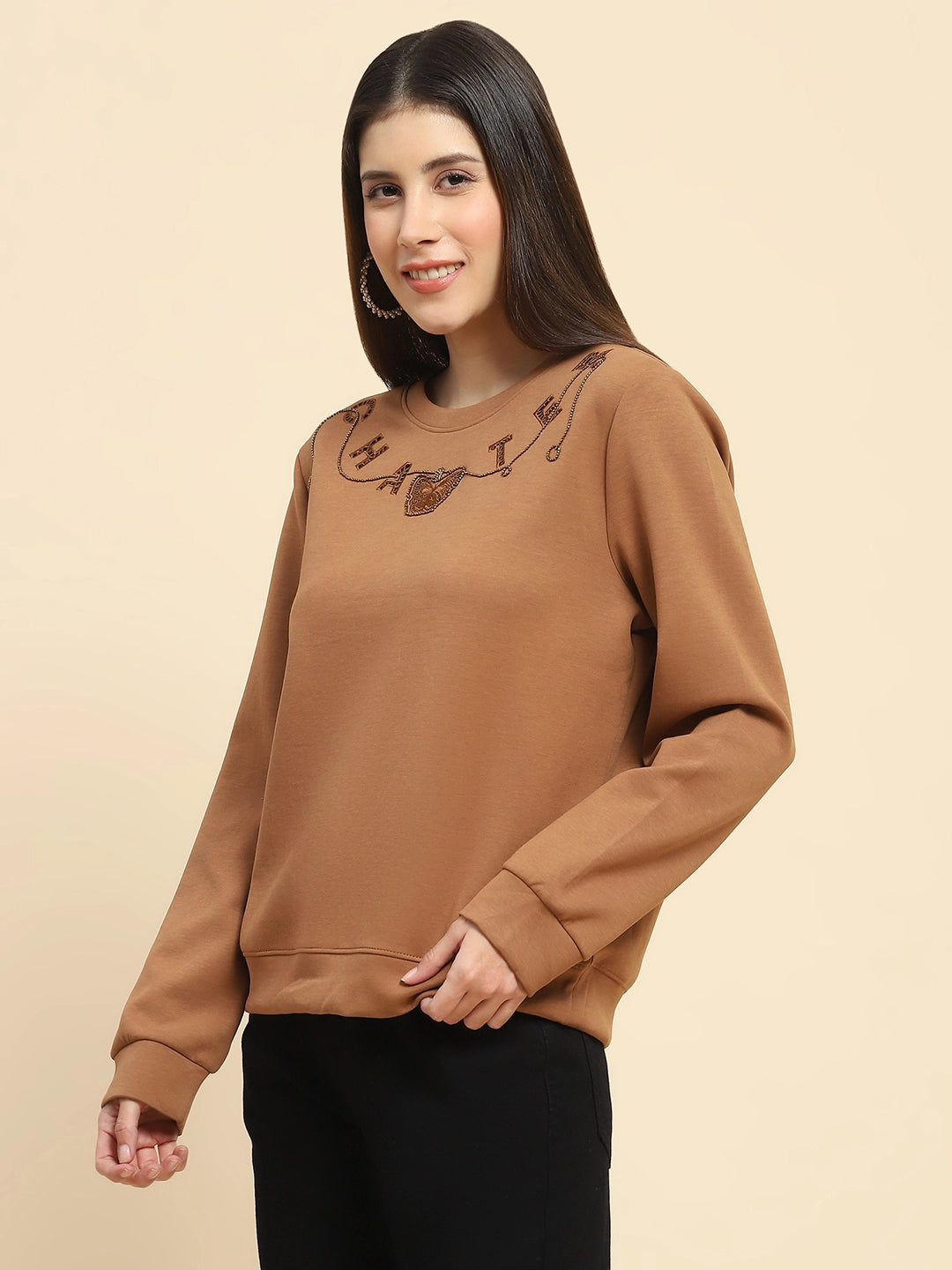 Brown Embellished Sweatshirt - Global Republic