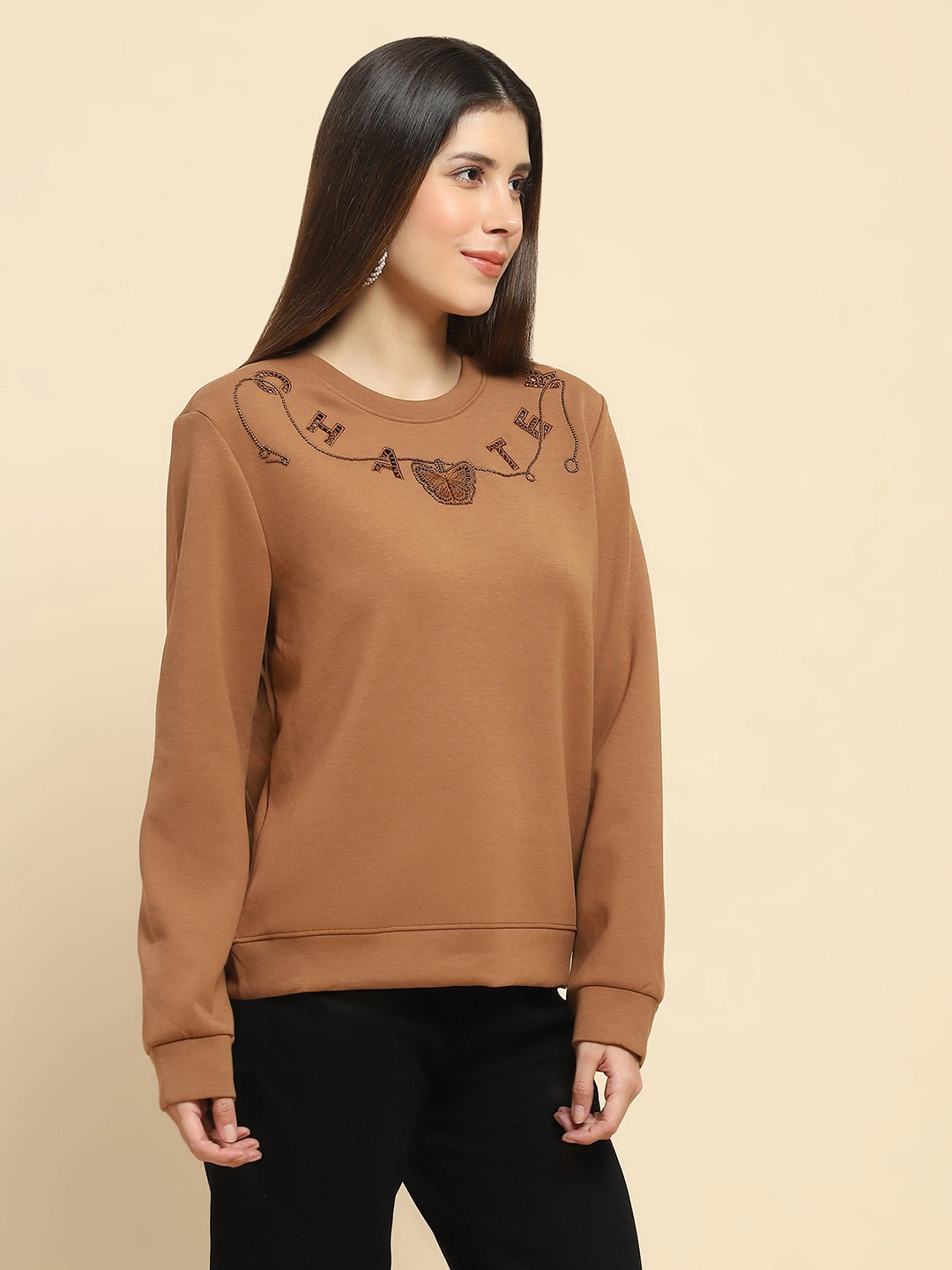 Brown Embellished Sweatshirt - Global Republic