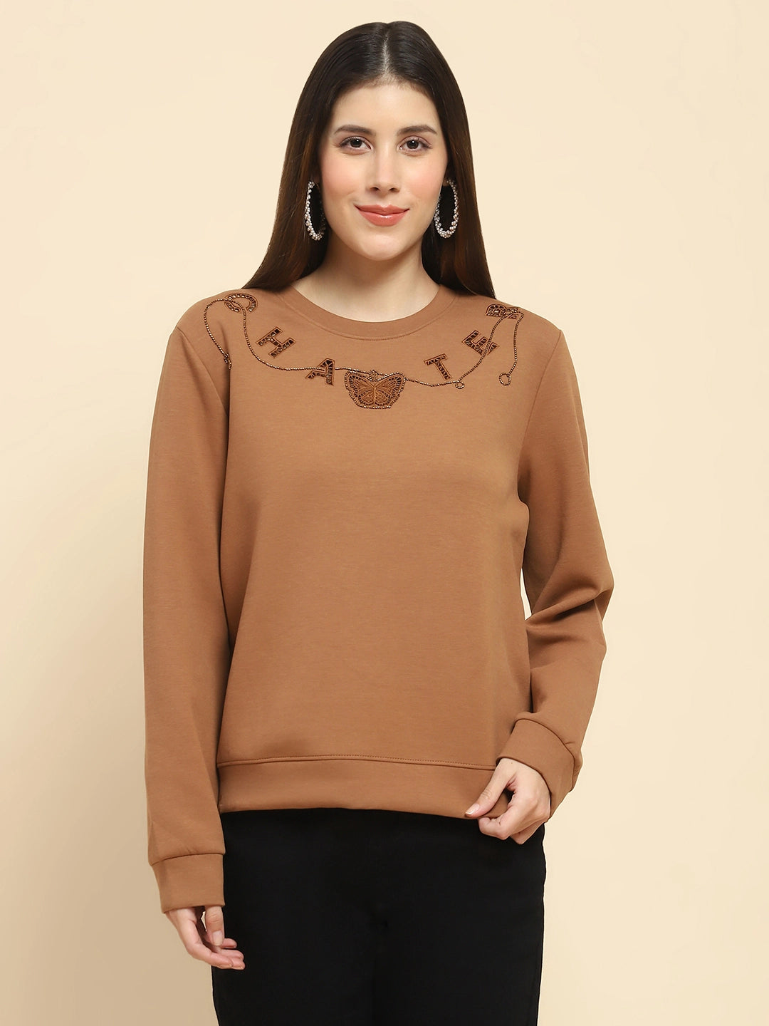 Brown Embellished Sweatshirt - Global Republic