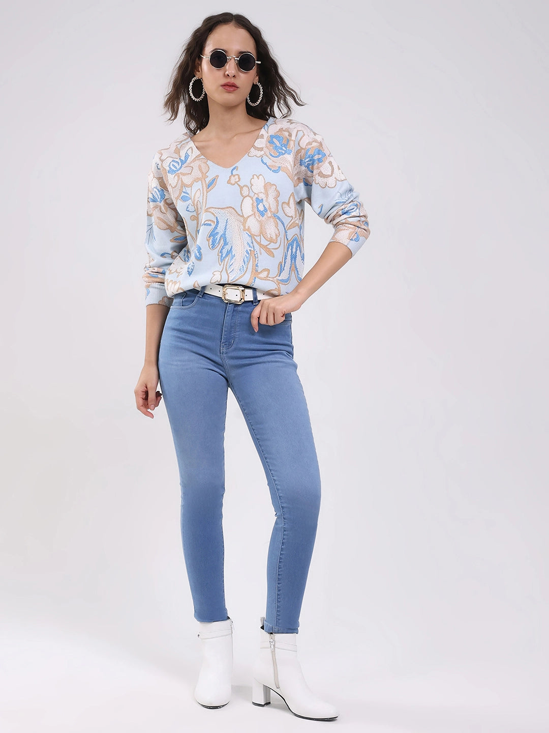Sky Blue Floral Winter Pullover - Global Republic