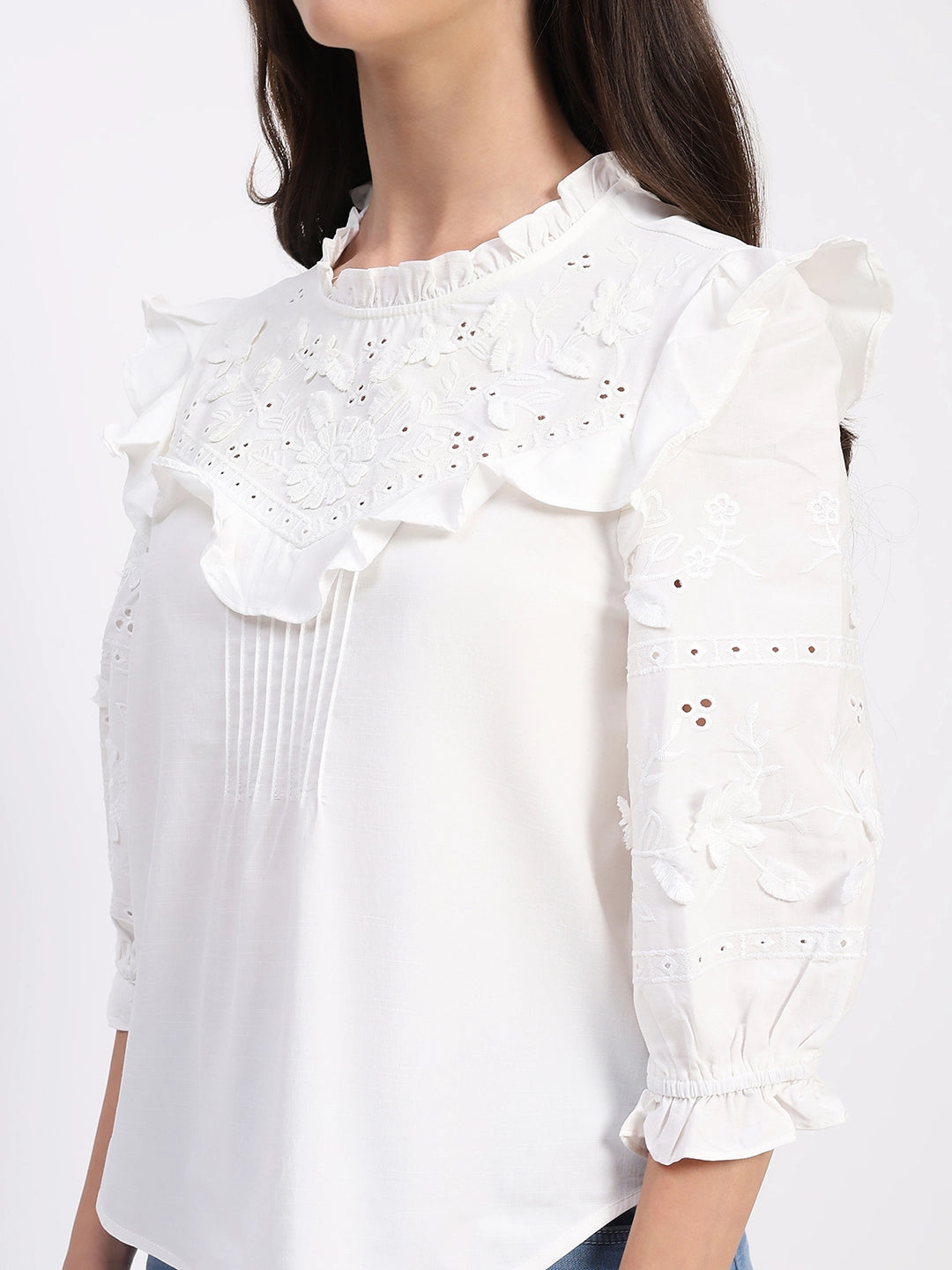 White Embroidered Cotton Blouson Top - Global Republic