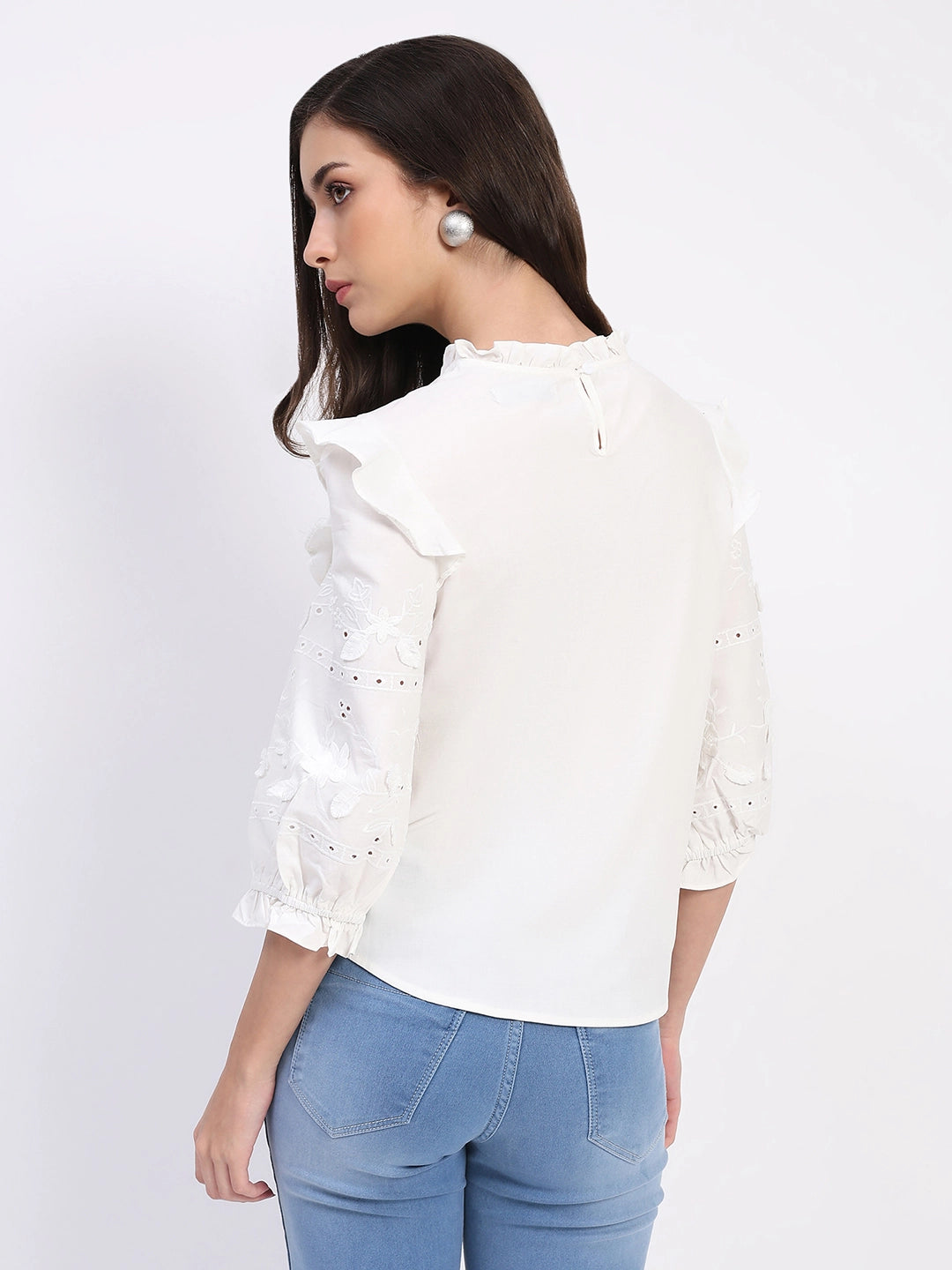 White Embroidered Cotton Blouson Top - Global Republic