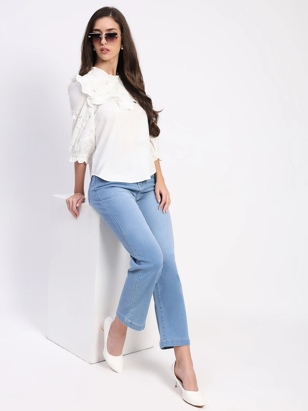 White Embroidered Cotton Blouson Top - Global Republic
