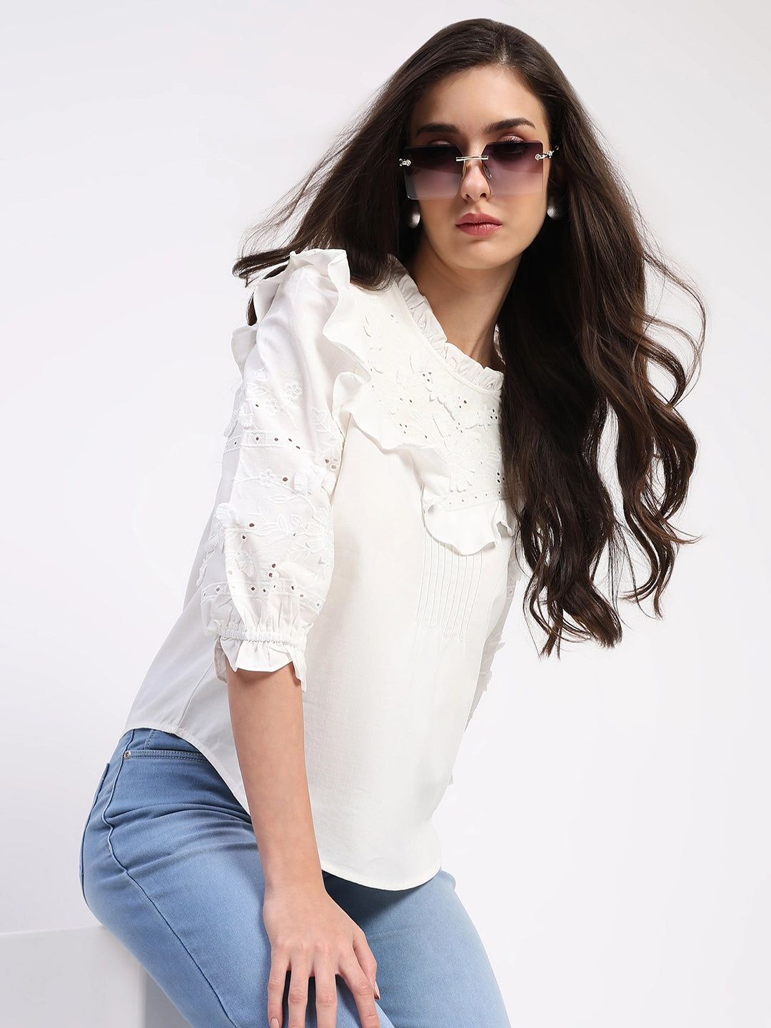 White Embroidered Cotton Blouson Top - Global Republic