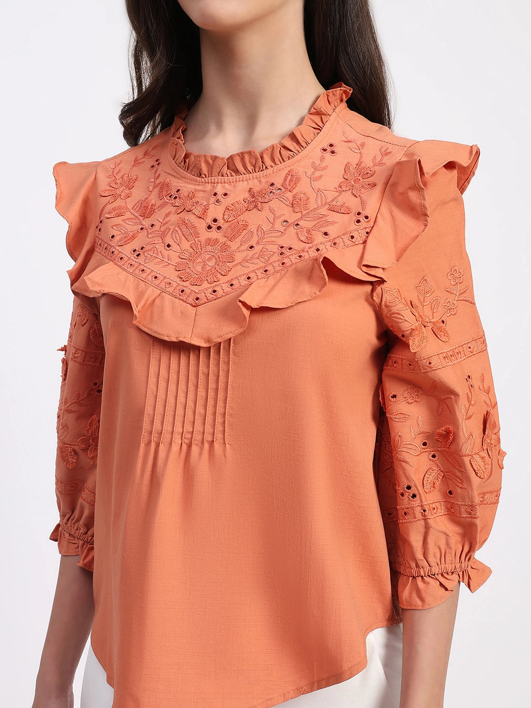 Rust Embroidered Cotton Blouson Top - Global Republic