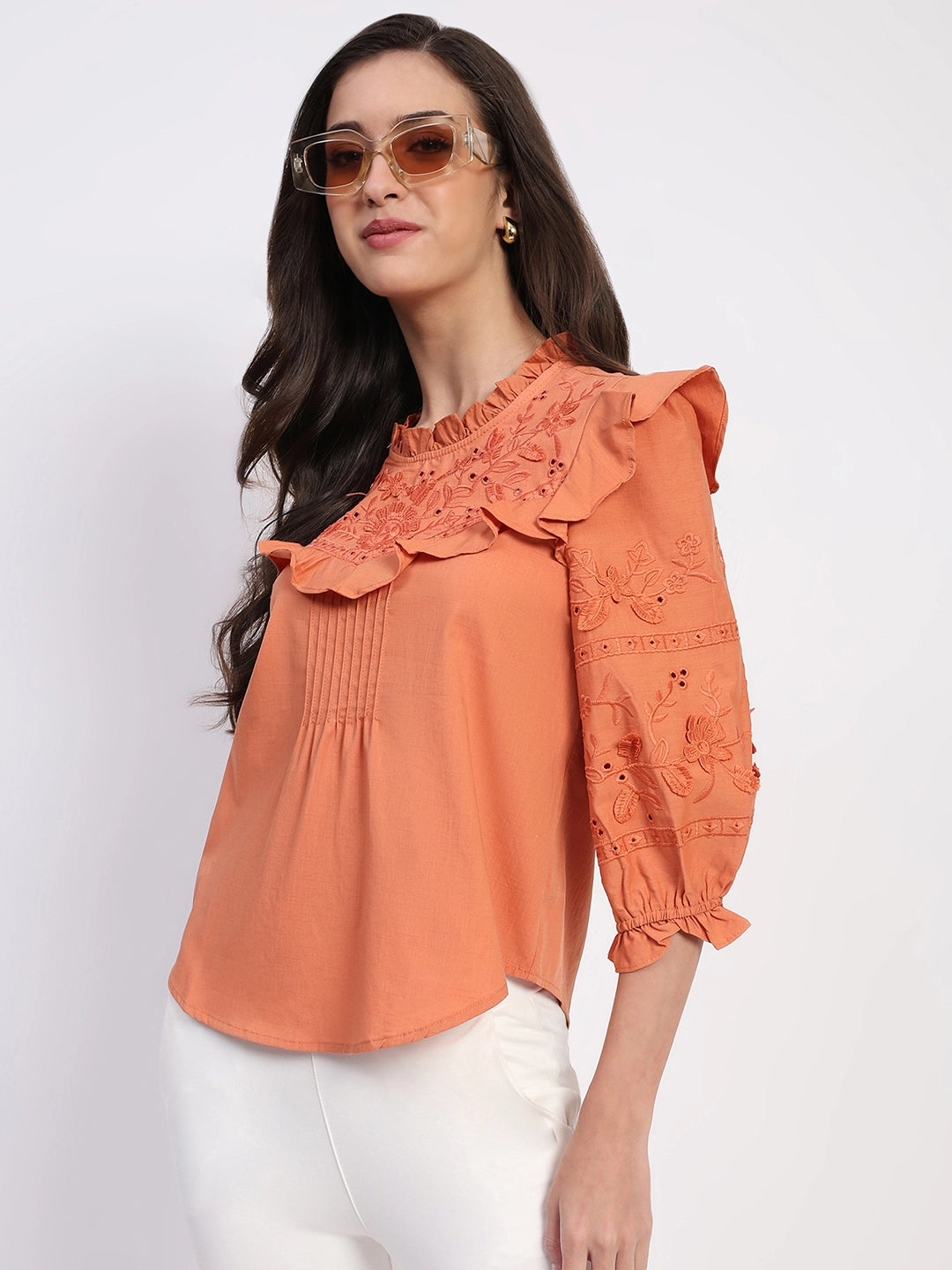 Rust Embroidered Cotton Blouson Top - Global Republic