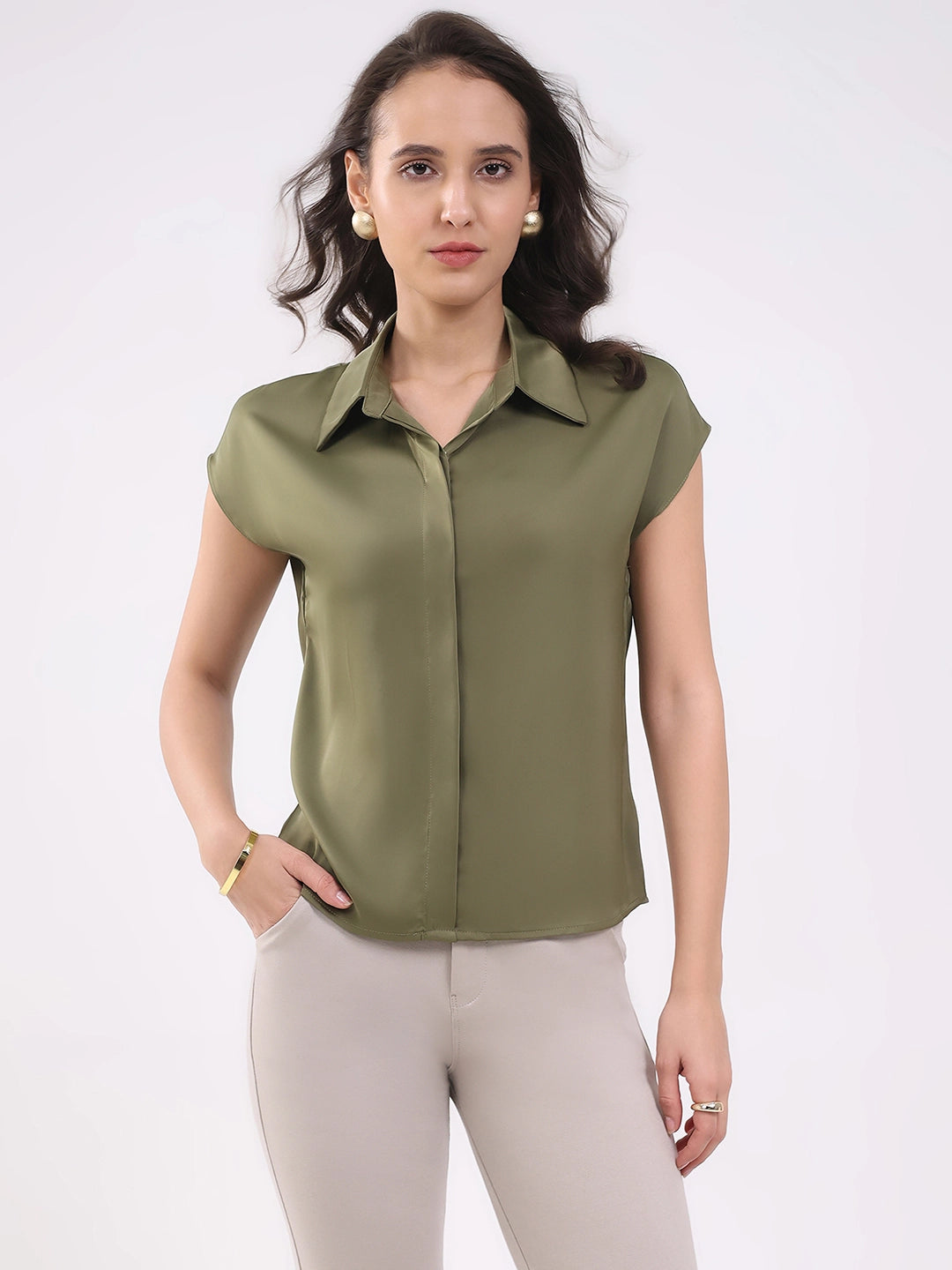 Olive Satin Formal Shirt - Global Republic
