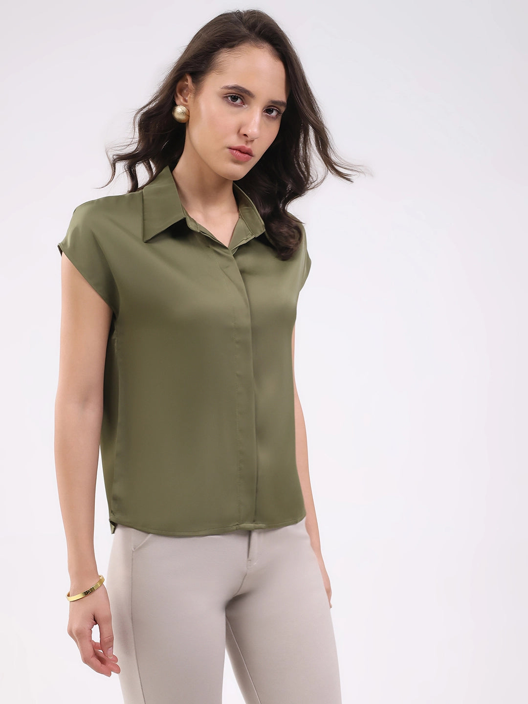 Olive Satin Formal Shirt - Global Republic