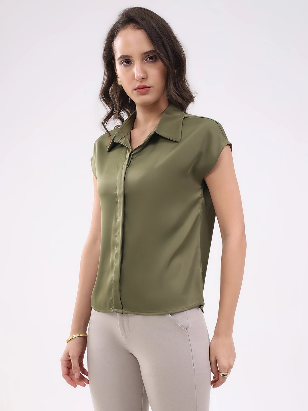 Olive Satin Formal Shirt - Global Republic