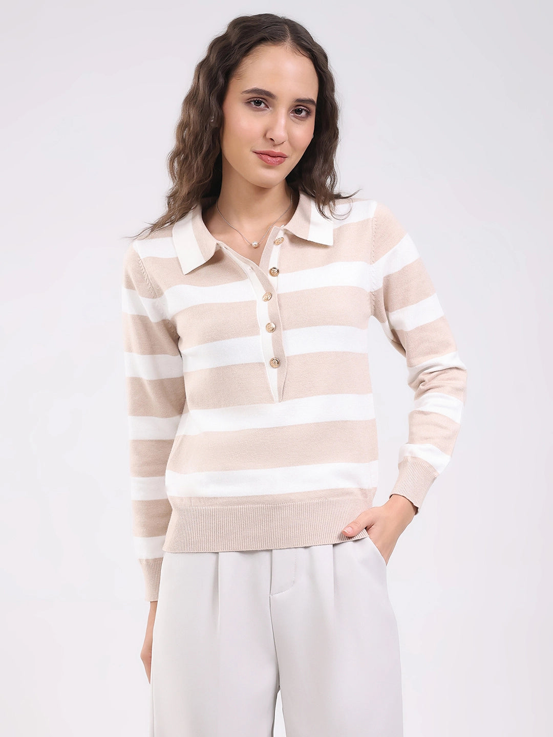 Beige Wool Blend Striped Pullover - Global Republic