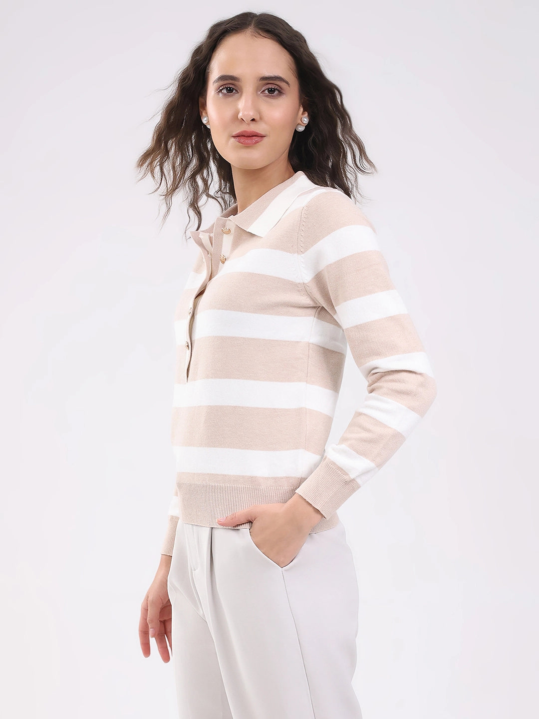 Beige Wool Blend Striped Pullover - Global Republic