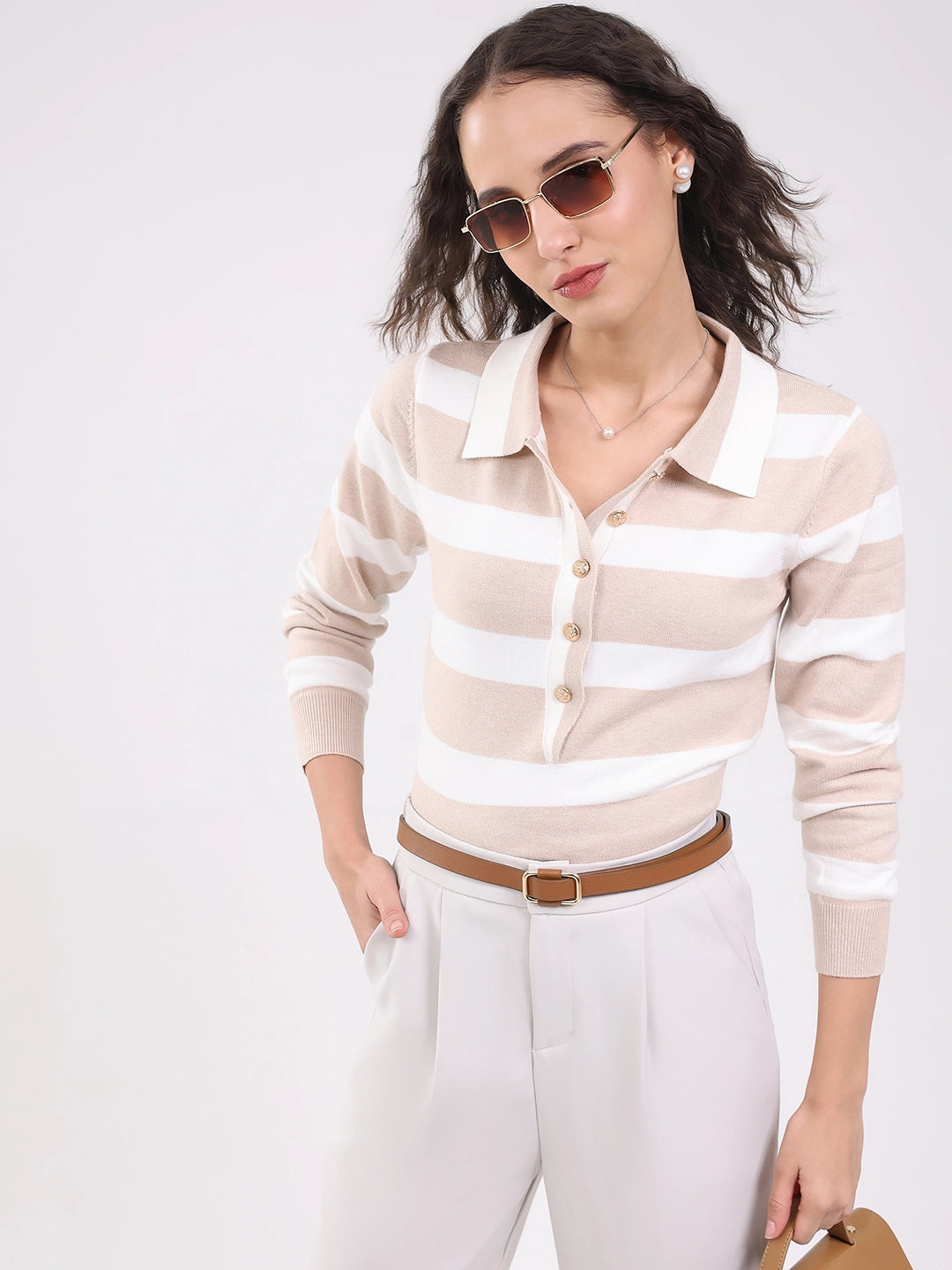 Beige Wool Blend Striped Pullover - Global Republic