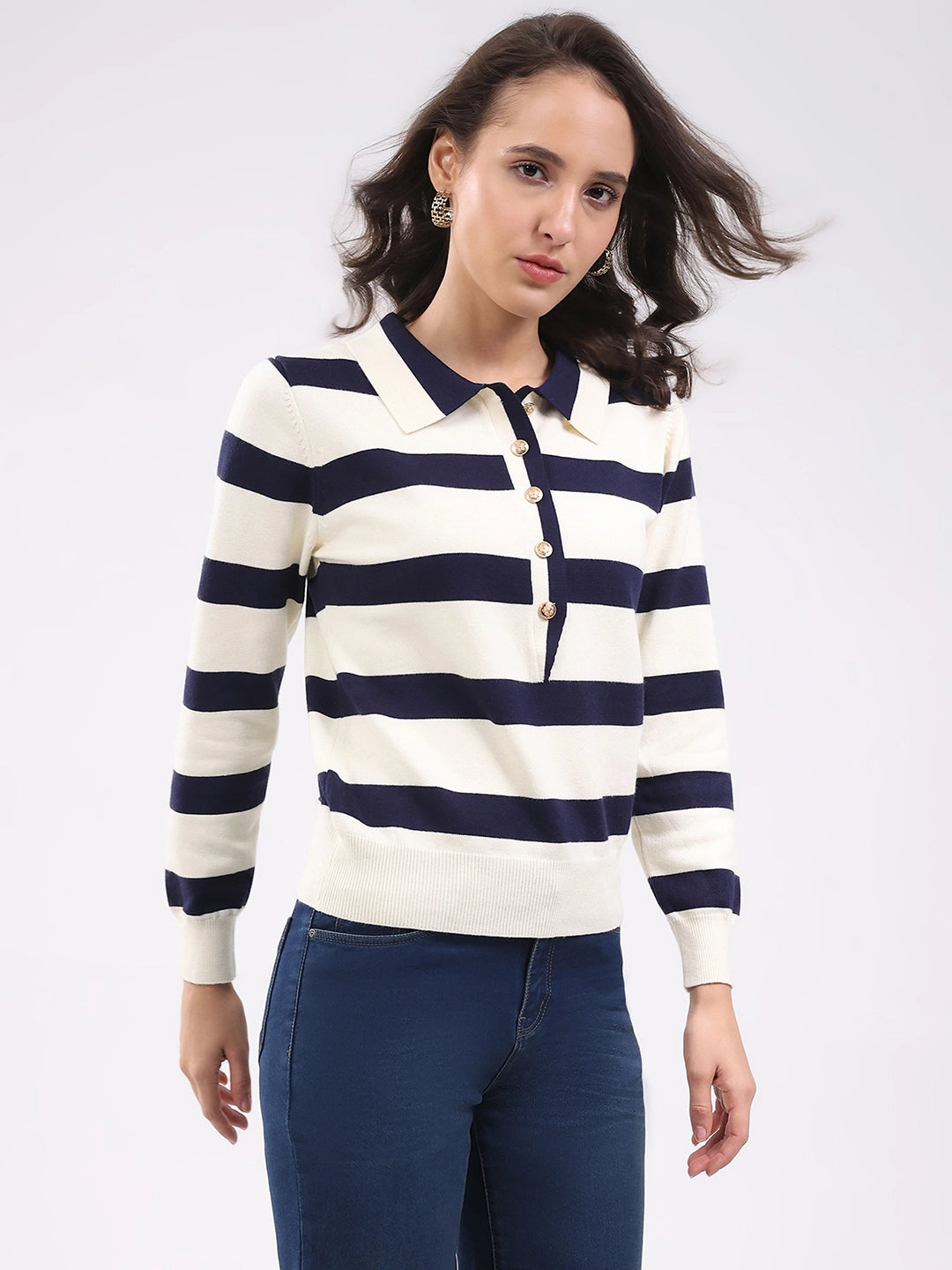 Navy Wool Blend Striped Pullover - Global Republic