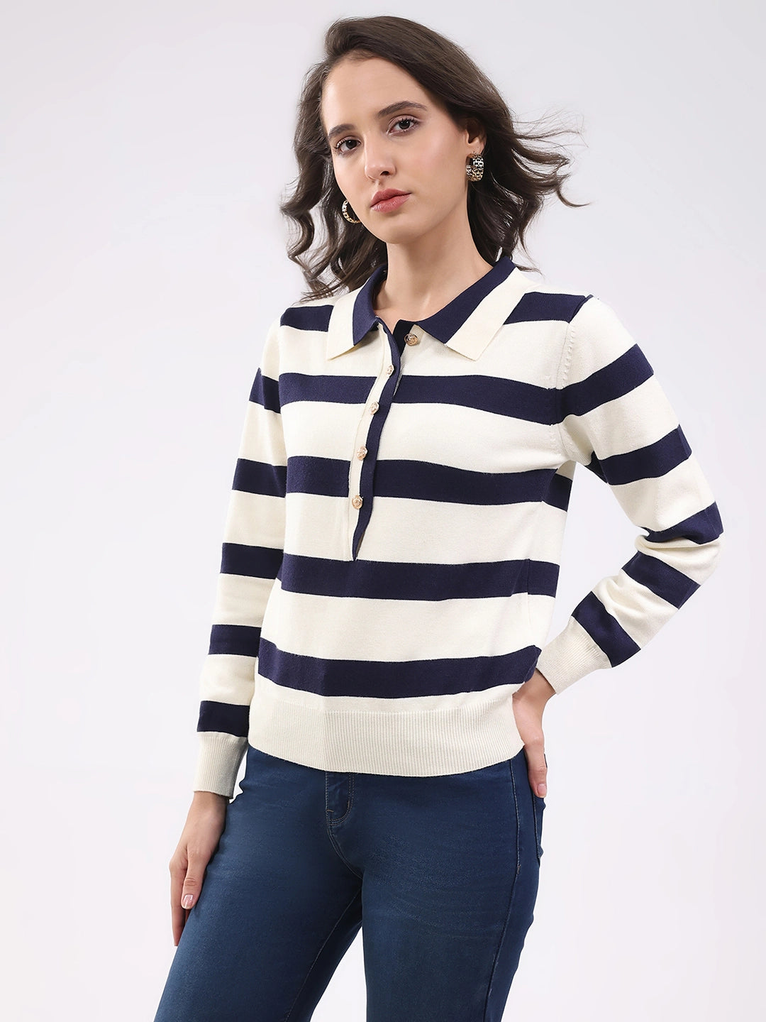 Navy Wool Blend Striped Pullover - Global Republic