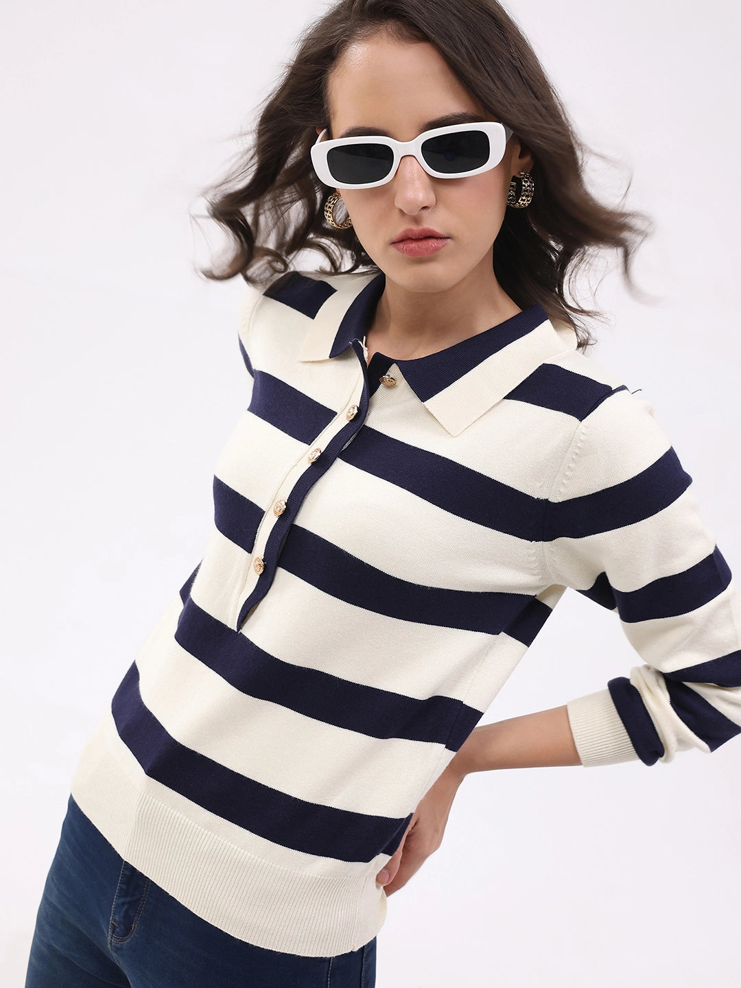 Navy Wool Blend Striped Pullover - Global Republic