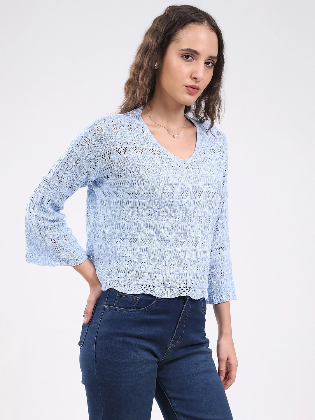 Blue Crochet Bell Sleeve Top - Global Republic