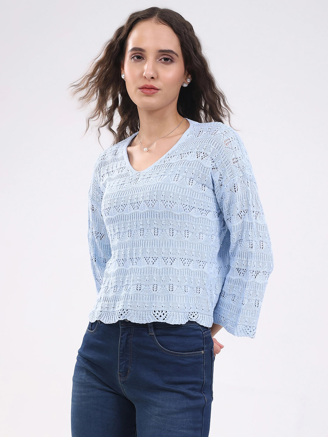 Blue Crochet Bell Sleeve Top - Global Republic