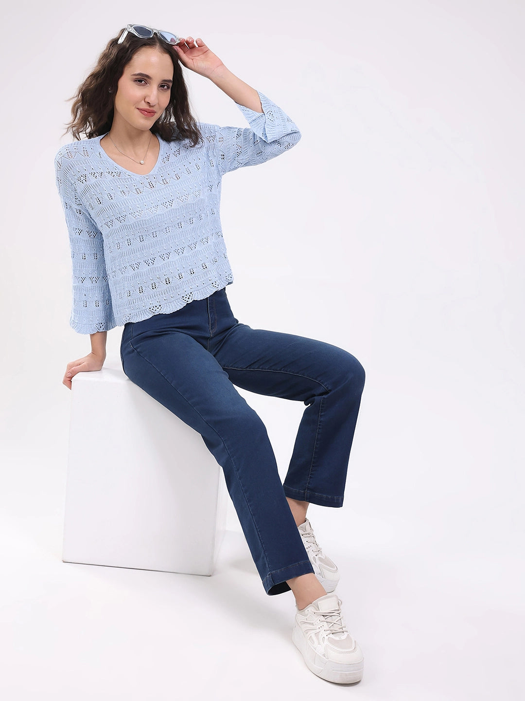 Blue Crochet Bell Sleeve Top - Global Republic