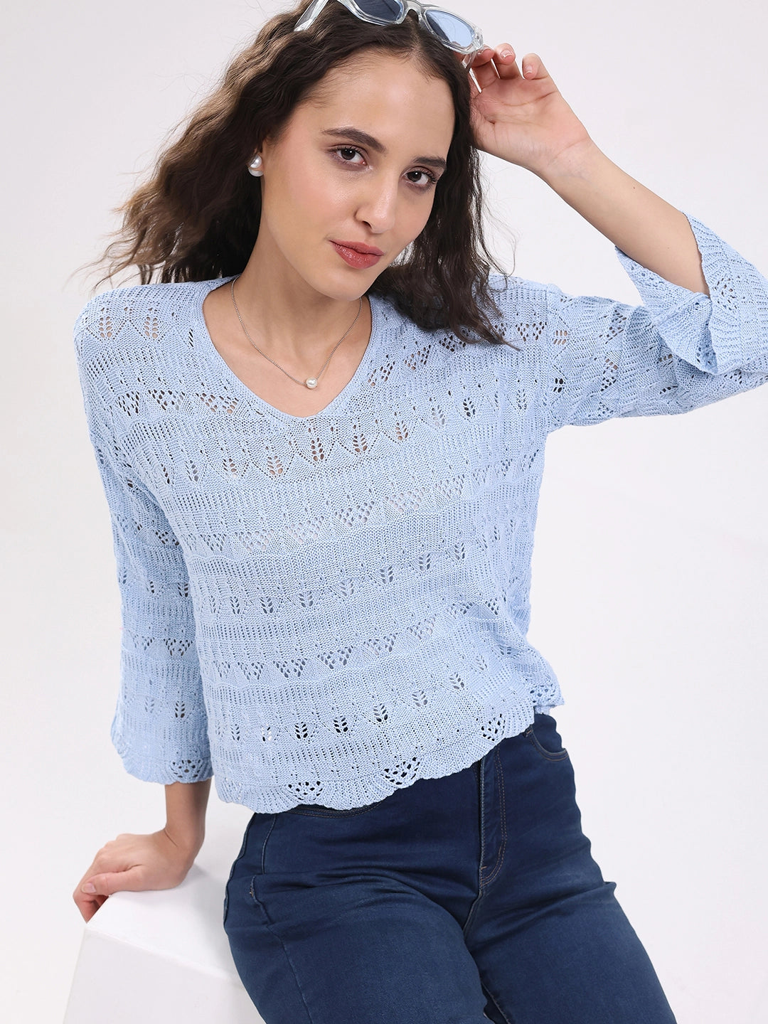 Blue Crochet Bell Sleeve Top - Global Republic
