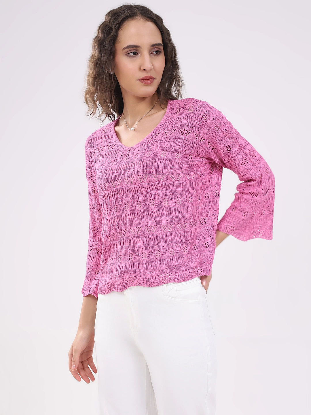 Pink Crochet Bell Sleeve Top - Global Republic