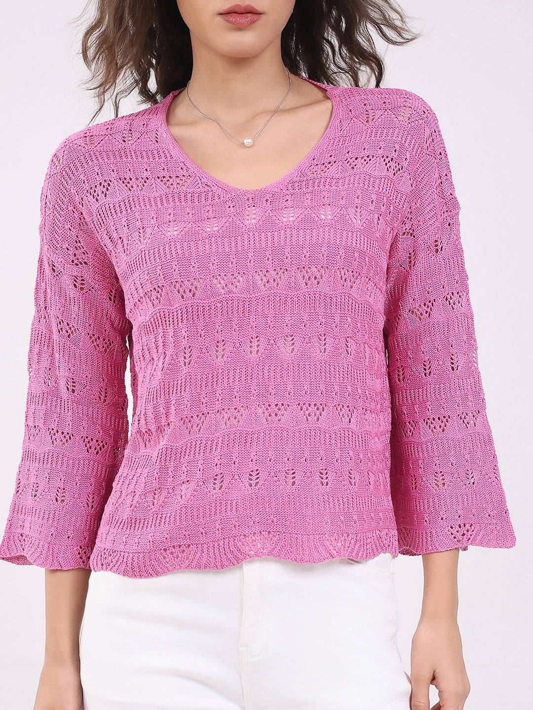 Pink Crochet Bell Sleeve Top - Global Republic