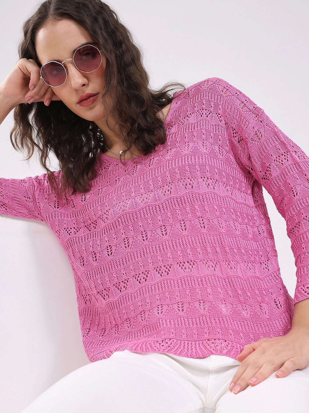 Pink Crochet Bell Sleeve Top - Global Republic