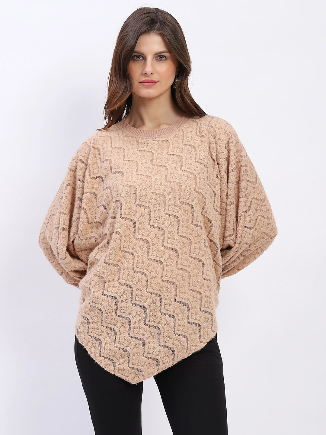 Elegant Lace-Textured Knit Poncho - Global Republic