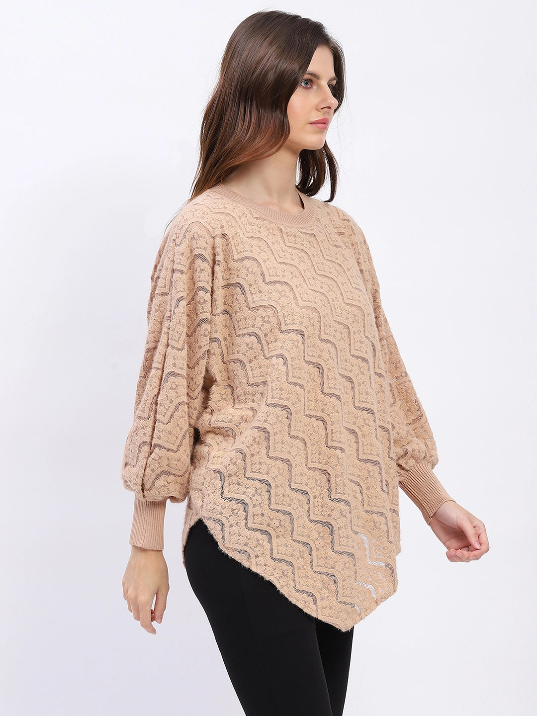Elegant Lace-Textured Knit Poncho - Global Republic