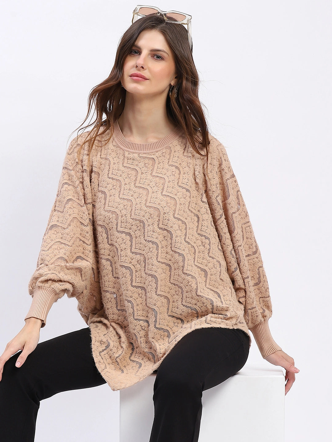 Elegant Lace-Textured Knit Poncho - Global Republic