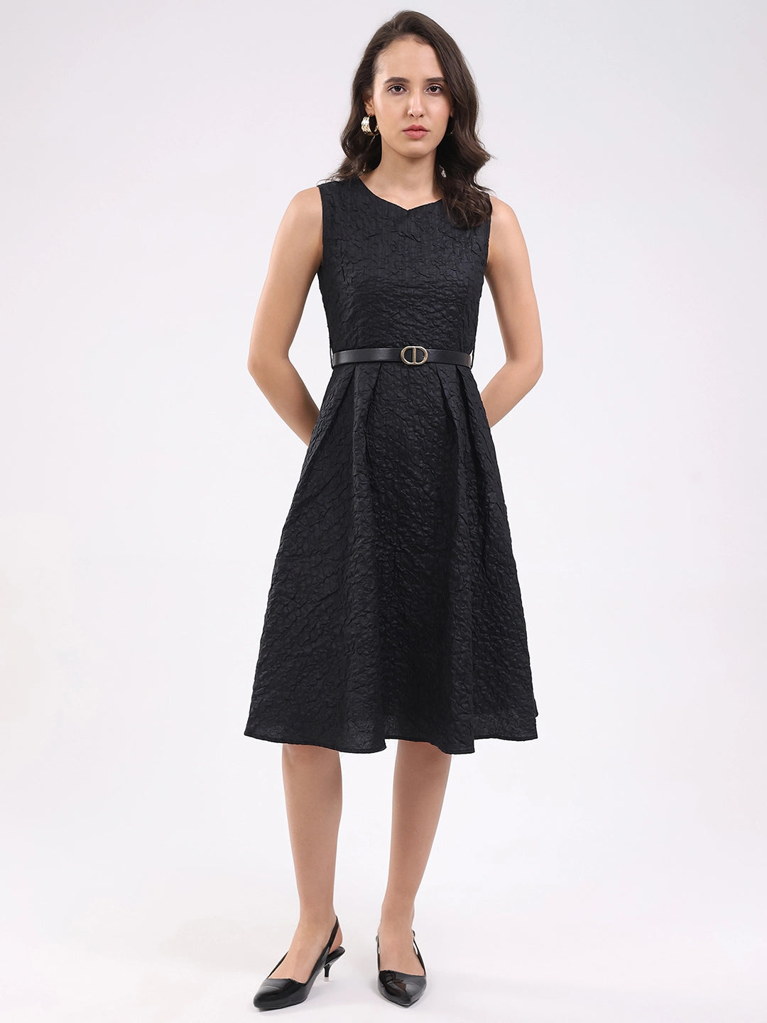 Black Fit & Flare Textured Midi Dress - Global Republic