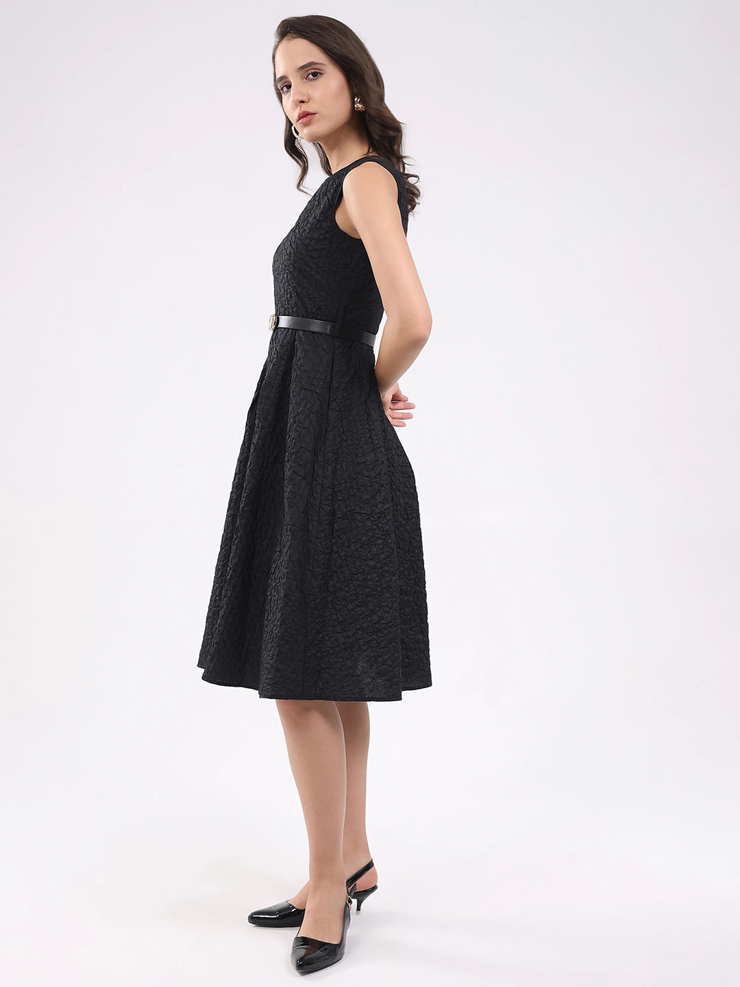 Black Fit & Flare Textured Midi Dress - Global Republic