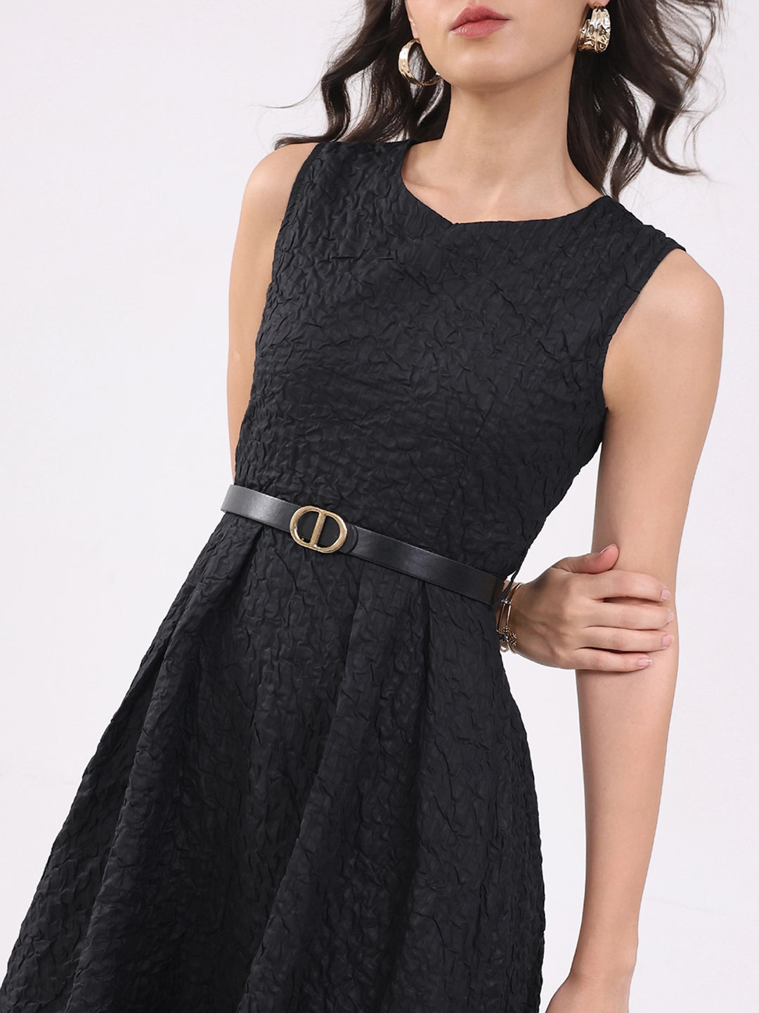 Black Fit & Flare Textured Midi Dress - Global Republic