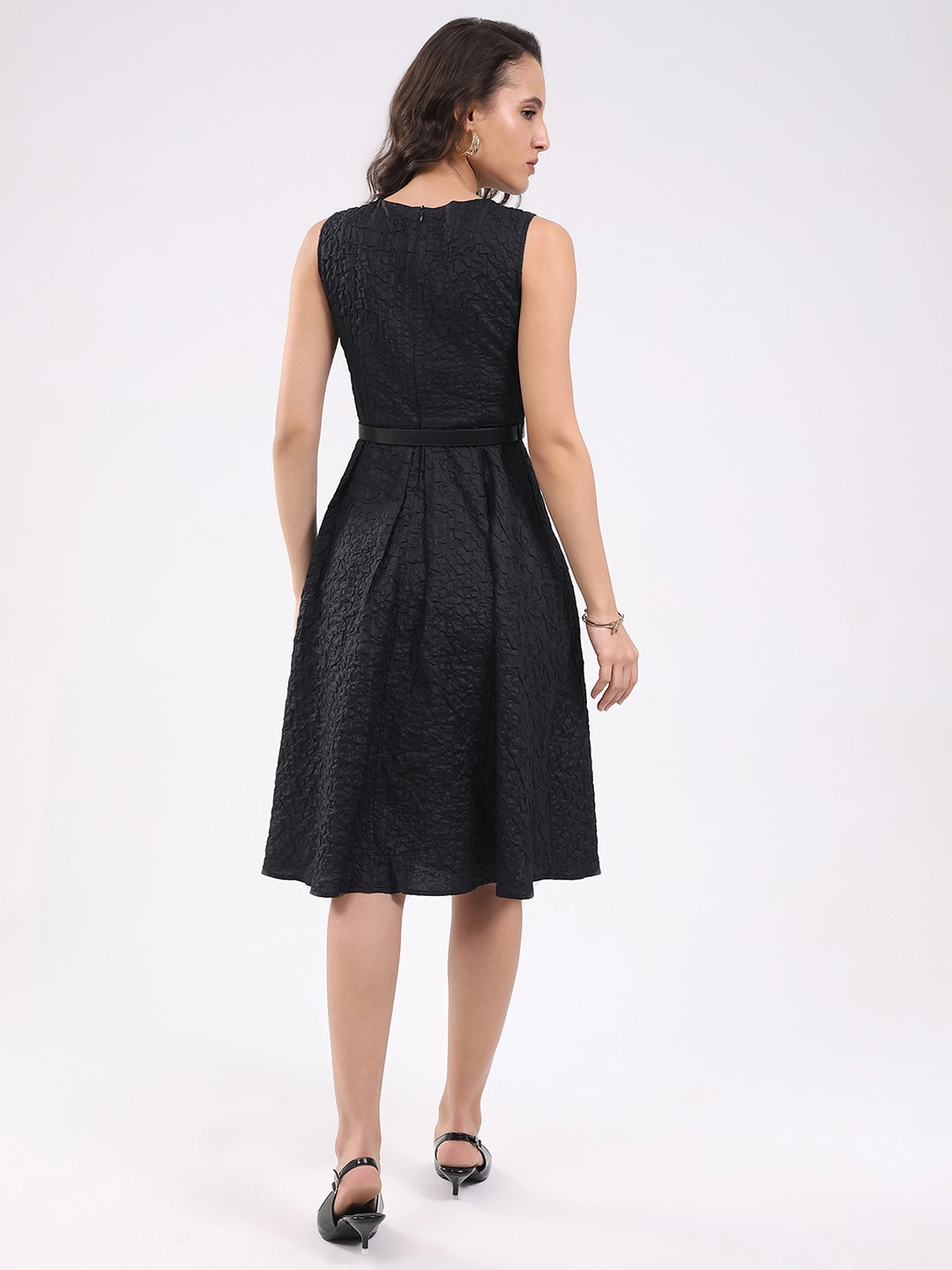 Black Fit & Flare Textured Midi Dress - Global Republic