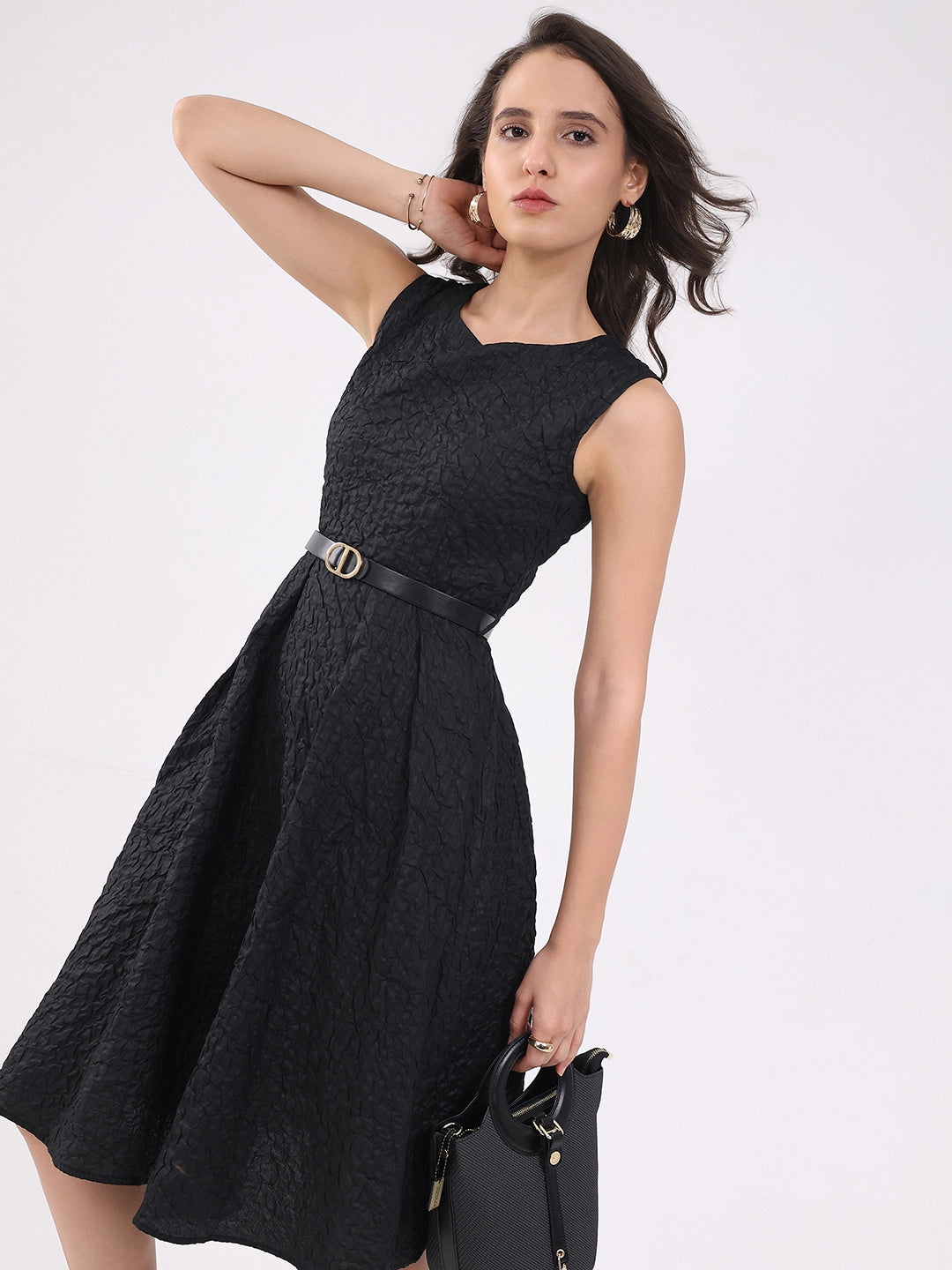 Black Fit & Flare Textured Midi Dress - Global Republic