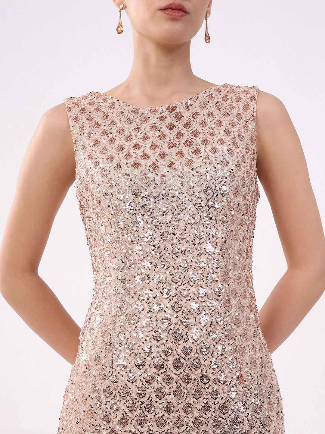 Beige Sequined Stretch Sheath Dress - Global Republic