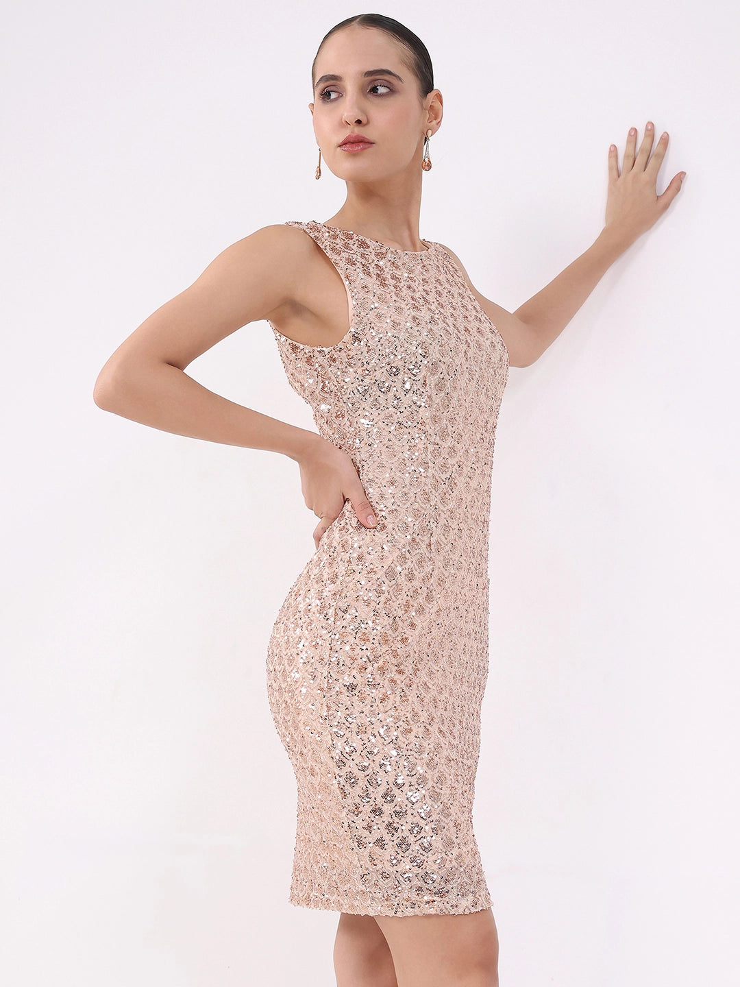 Beige Sequined Stretch Sheath Dress - Global Republic