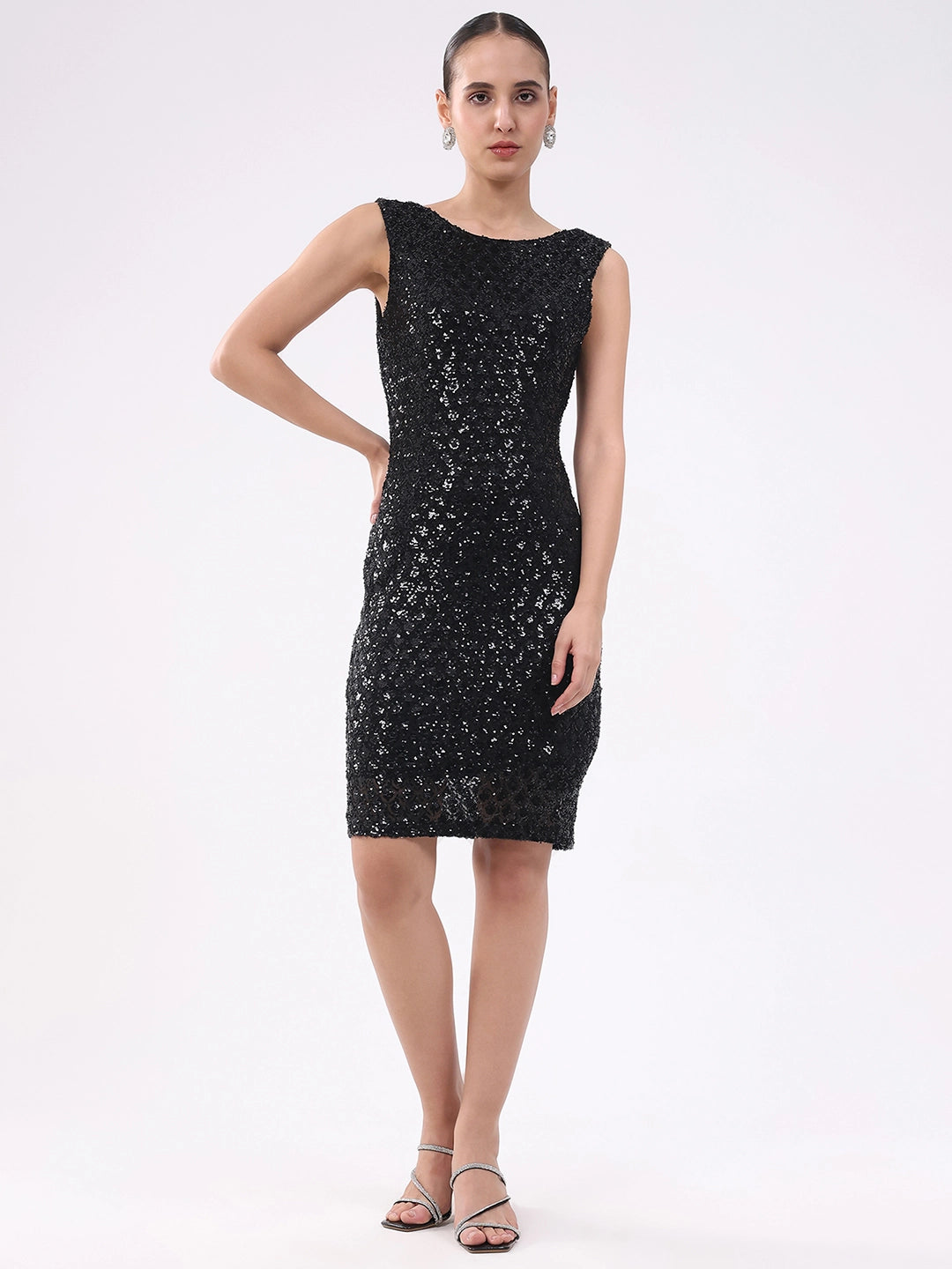 Black Sequined Stretch Sheath Dress - Global Republic