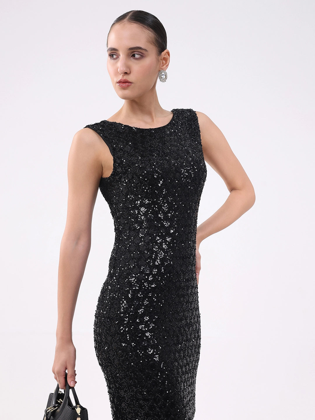 Black Sequined Stretch Sheath Dress - Global Republic