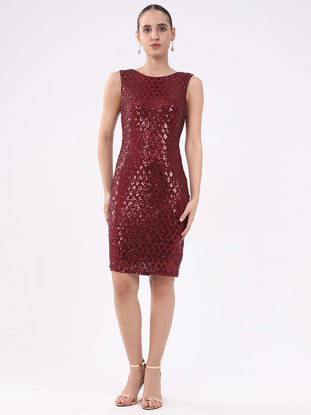 Wine Sequined Stretch Sheath Dress - Global Republic