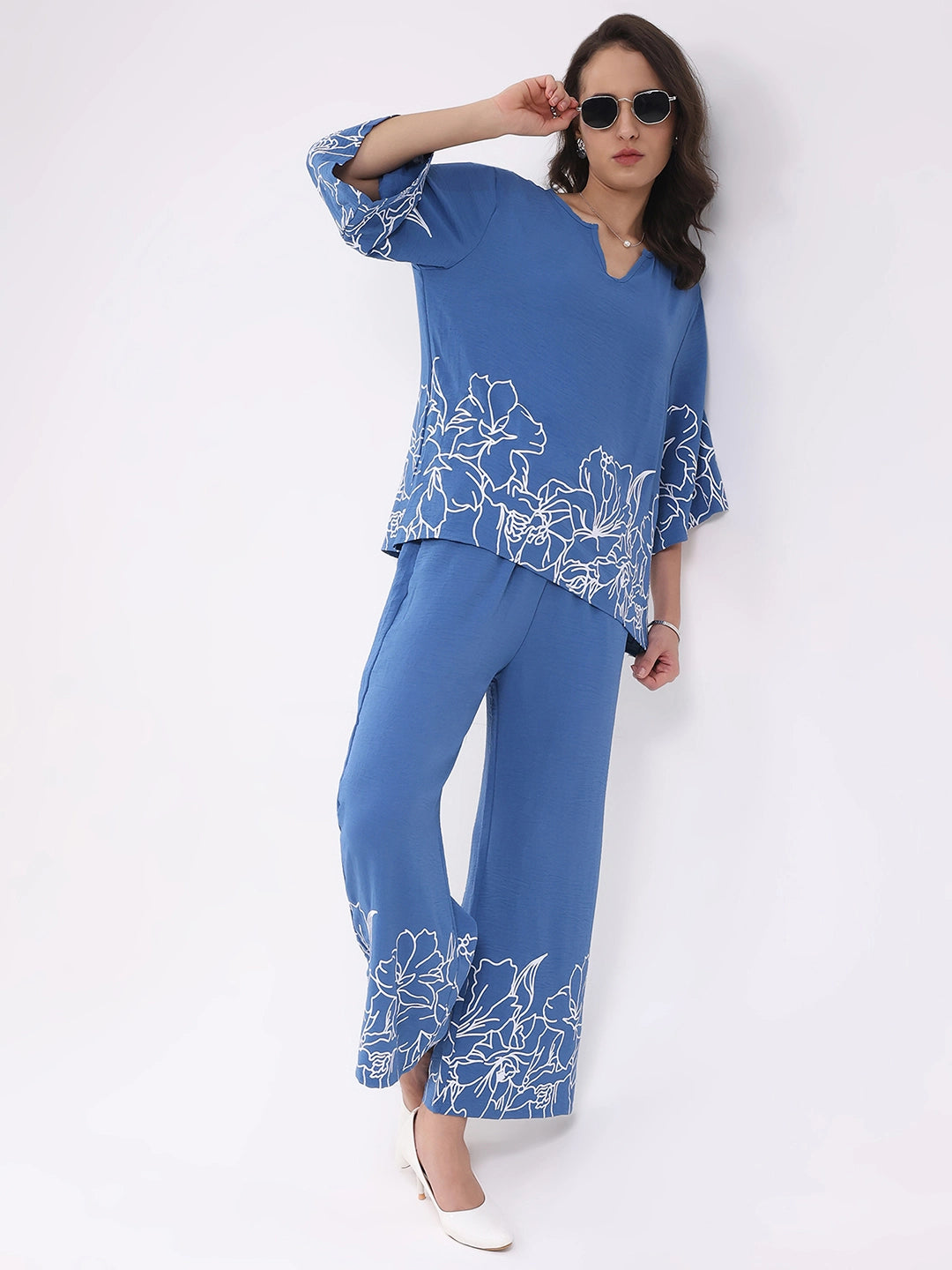 Blue Printed Rayon Blend Loungewear - Global Republic