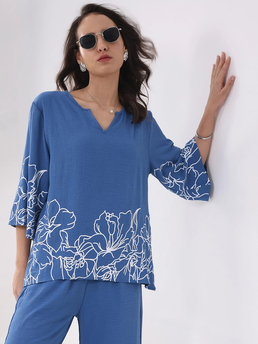 Blue Printed Rayon Blend Loungewear - Global Republic