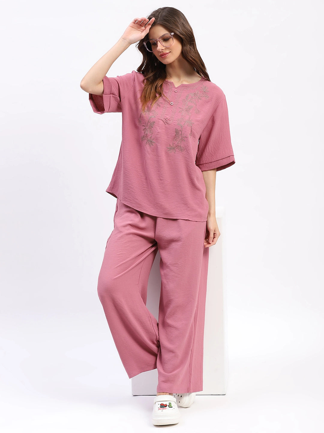 Embroidered Yoke Rayon Co-ord Set - Global Republic