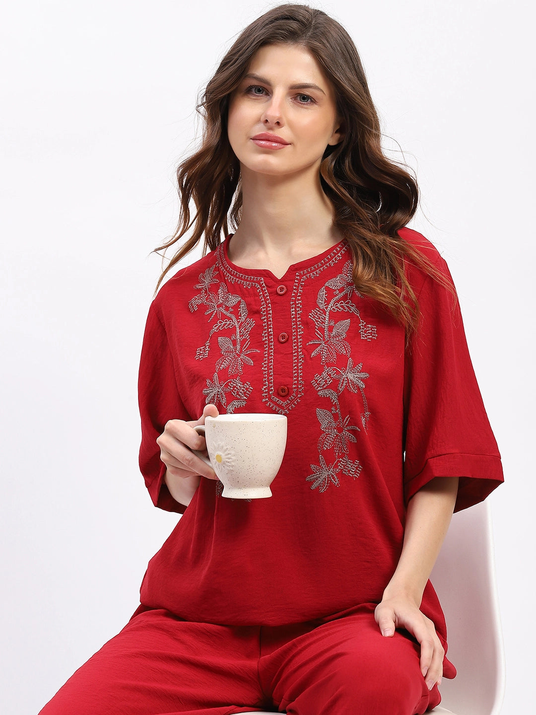 Embroidered Yoke Rayon Co-ord Set - Global Republic
